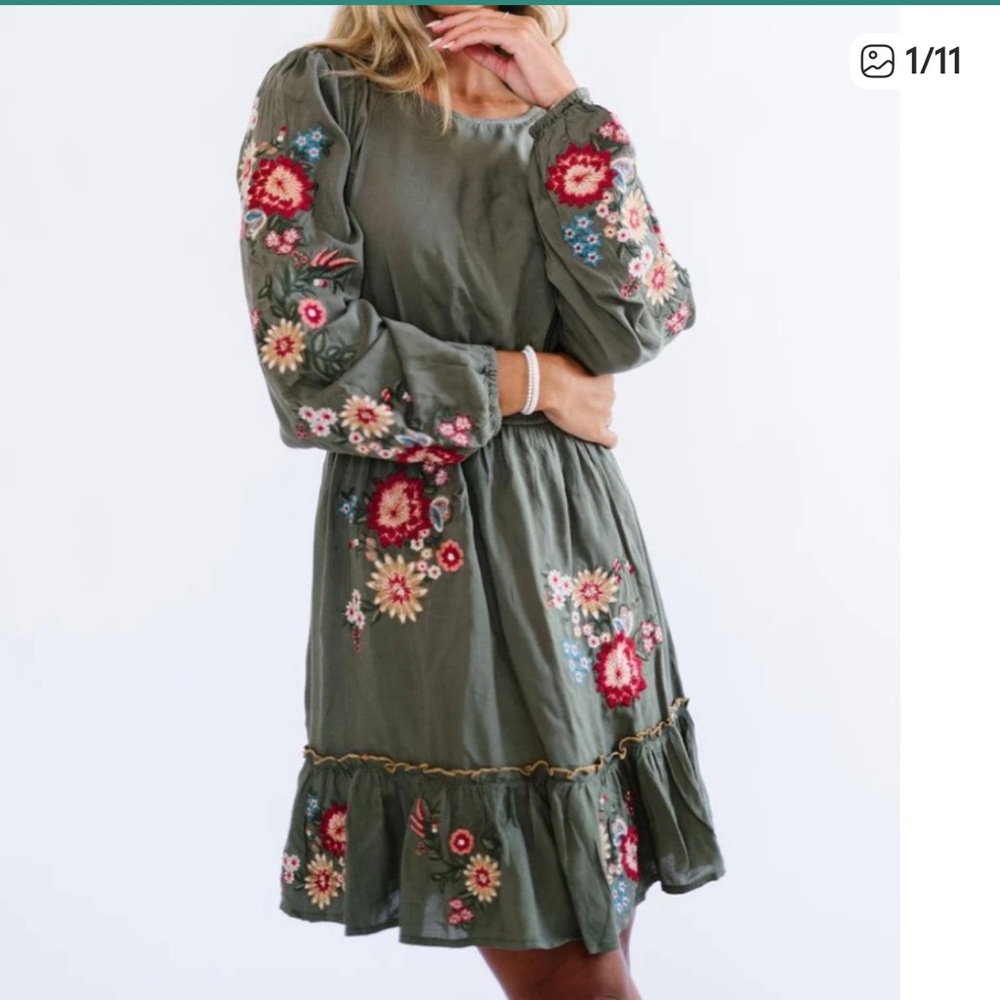Savanna Jane Floral Embroidered Olive Green Bohemian Dress Size XL New